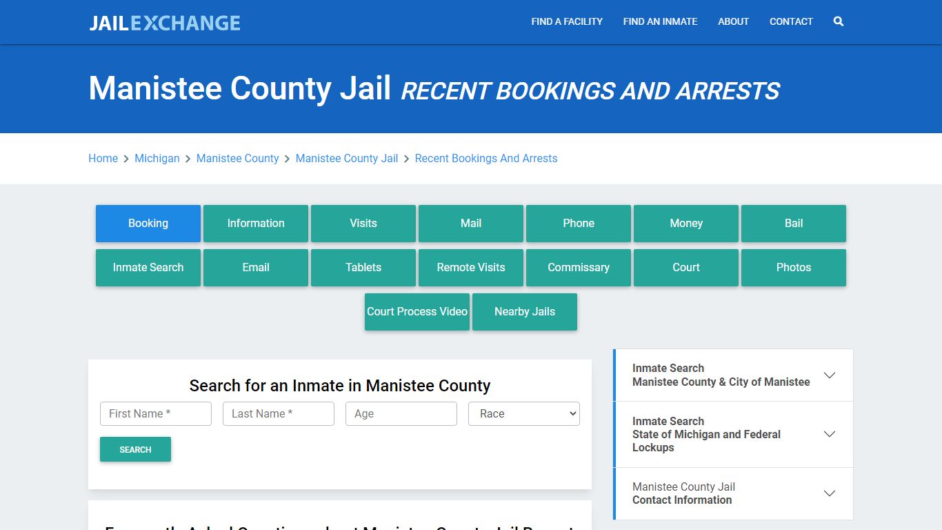 Manistee County Jail Recent Bookings And Arrests - Jail Exchange